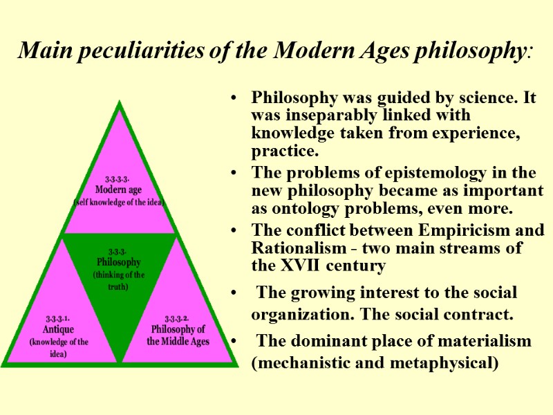 Philosophy was guided by science. It was inseparably linked with knowledge taken from experience,